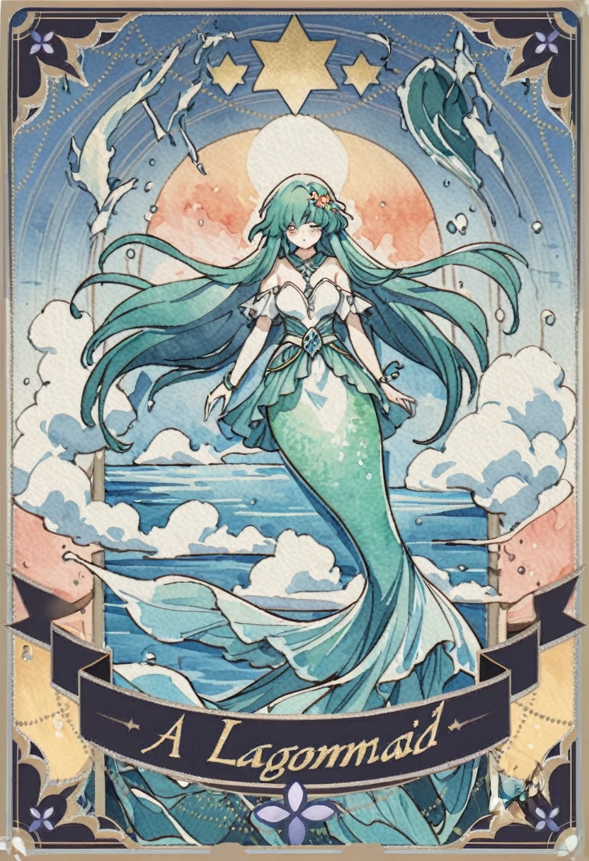 a mermaid ,sad expressive , very long hair lagoon color ,armed with a bow, in the center of a lake, twilight god ray in the clouds in background, detail richness, masterpiece, best quality , traditional painting style, watercolor painting, Major Arcana Tarot Card style