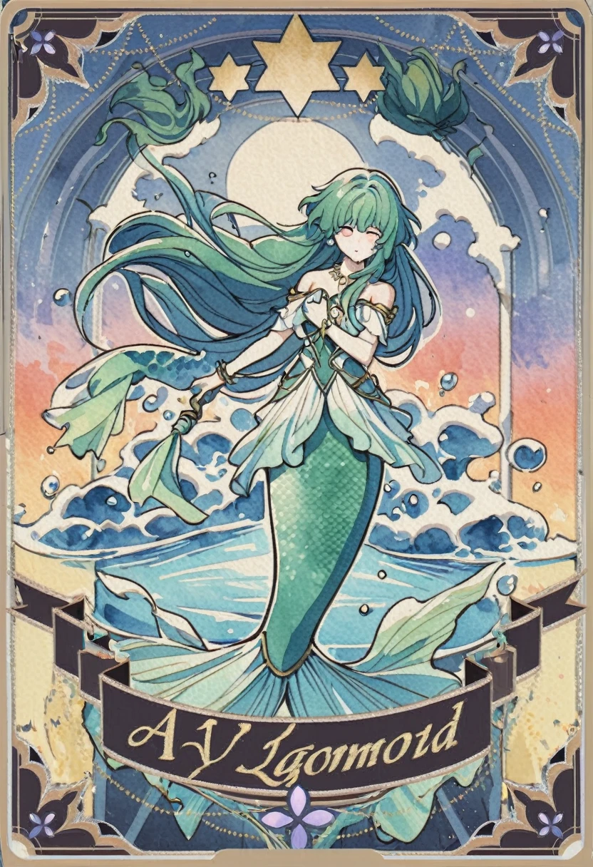 a mermaid ,sad expressive , very long hair lagoon color ,armed with a bow, in the center of a lake, twilight god ray in the clouds in background, detail richness, masterpiece, best quality , traditional painting style, watercolor painting, Major Arcana Tarot Card style