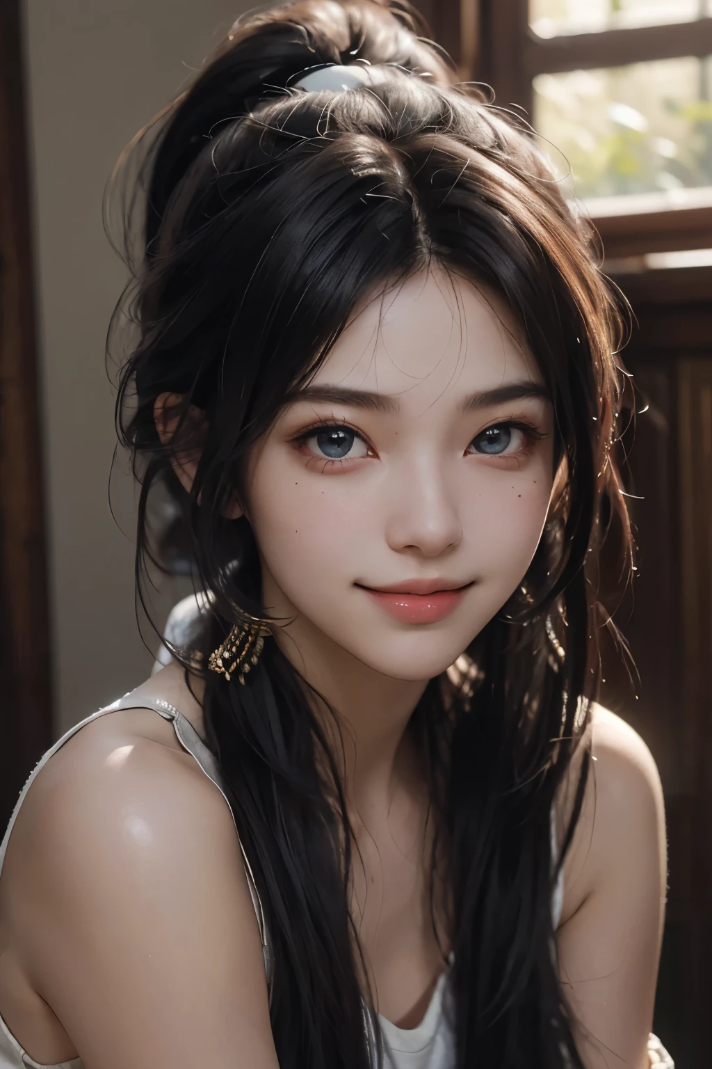 1girl,photorealistic,naughty face, white hair,rolling_eyes,ahegao, open mouth, evil smile, srtong wind,twin_braids, earrings, jewelry, animal, smooch lips , pout lips, big lips, cleavage