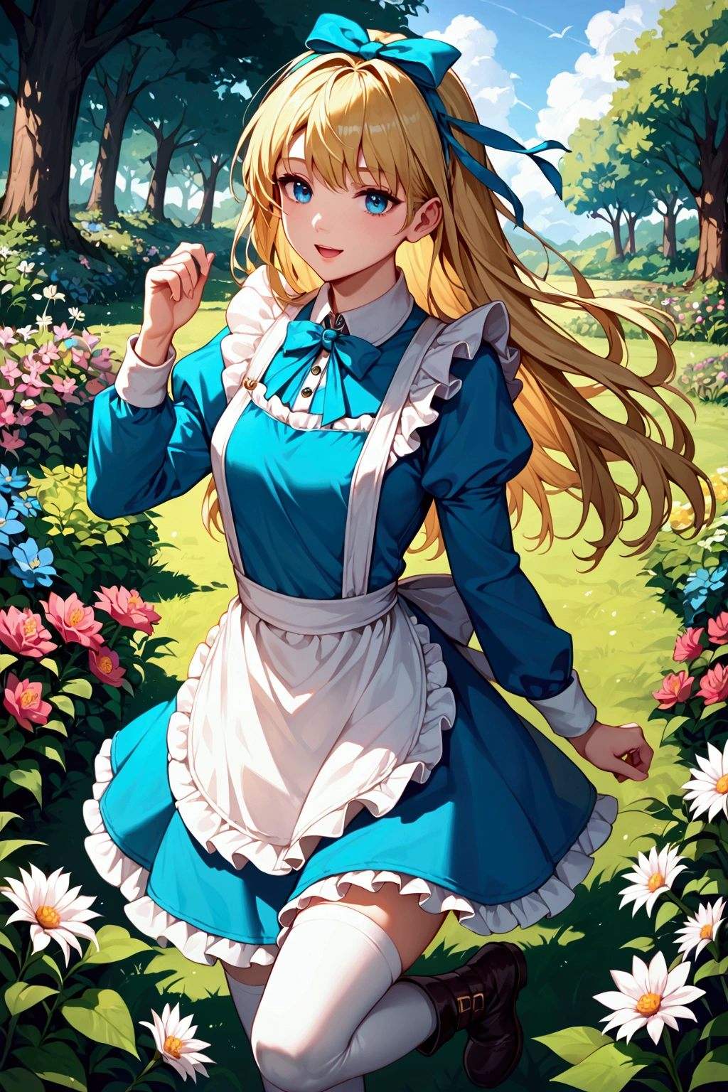 score_9, score_8_up, score_7_up, (masterpiece:1.2), (best quality:1.2), 1girl, solo, blonde hair, long hair, bangs, blue eyes, smile, faint lips, open mouth, alice in wonderland, aqua dress, frilled dress, apron dress, aqua ribbon, long sleeves, aqua head ribbon, white thighhighs, brown boots, outdoors, flower, many flowers