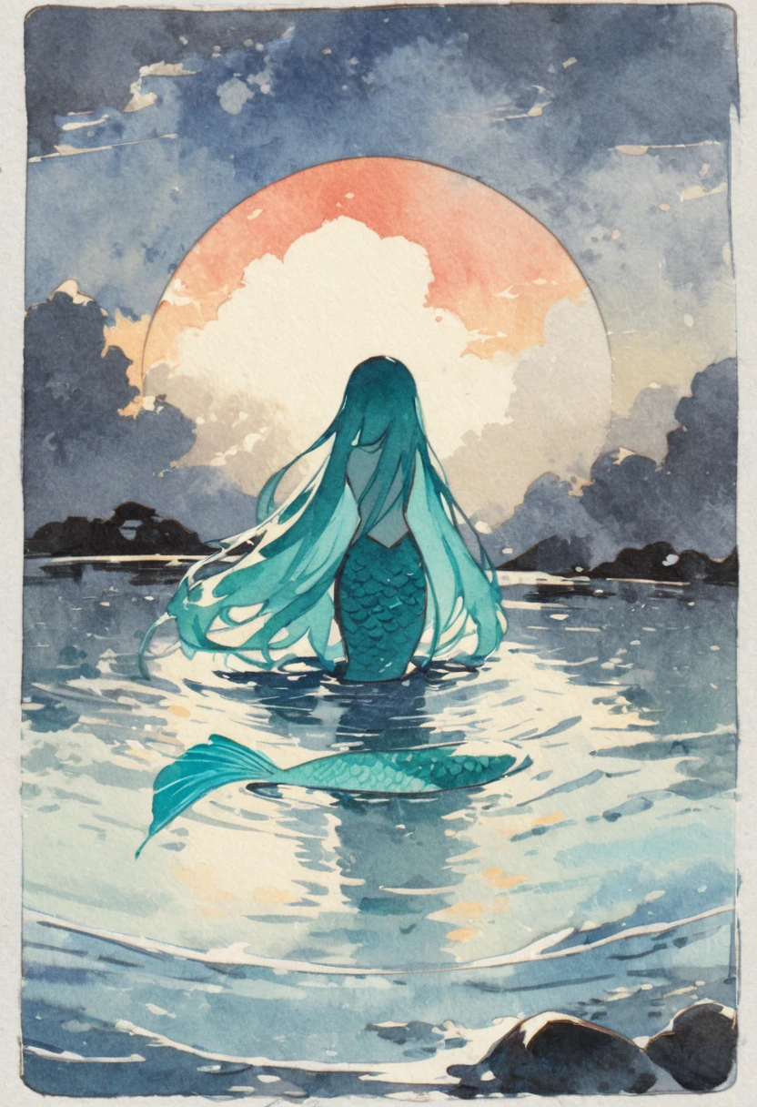 a mermaid ,sad expressive , very long hair lagoon color ,armed with a bow, in the center of a lake, twilight god ray in the clouds in background, detail richness, masterpiece, best quality , traditional painting style, watercolor painting, Major Arcana Tarot Card style