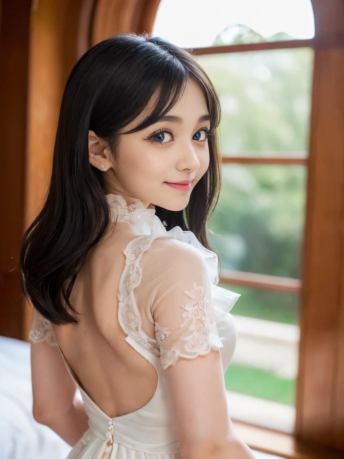 (Best-quality, Masterpiece, Ultra-High-Resolution, (Photorealistic:1.4), Raw Photo, depth of field, professional lighting, perfect anatomy, extremely details), (1girl, the most famous Japanese-idol), (in luxury hotel suite), ((((arched back, looking back, innocent smile)))), (((wearing The Cutest dress with cute design):1.3)), ((((the most beautiful skins))), ((((the cutest face)))), ((((the cutest big-eyes)))), black-long-straight-hair, long-eyelashes, most-lips)