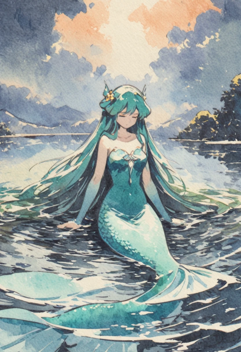 a mermaid ,sad expressive , very long hair lagoon color ,armed with a bow, in the center of a lake, twilight god ray in the clouds in background, detail richness, masterpiece, best quality , traditional painting style, watercolor painting, Major Arcana Tarot Card style