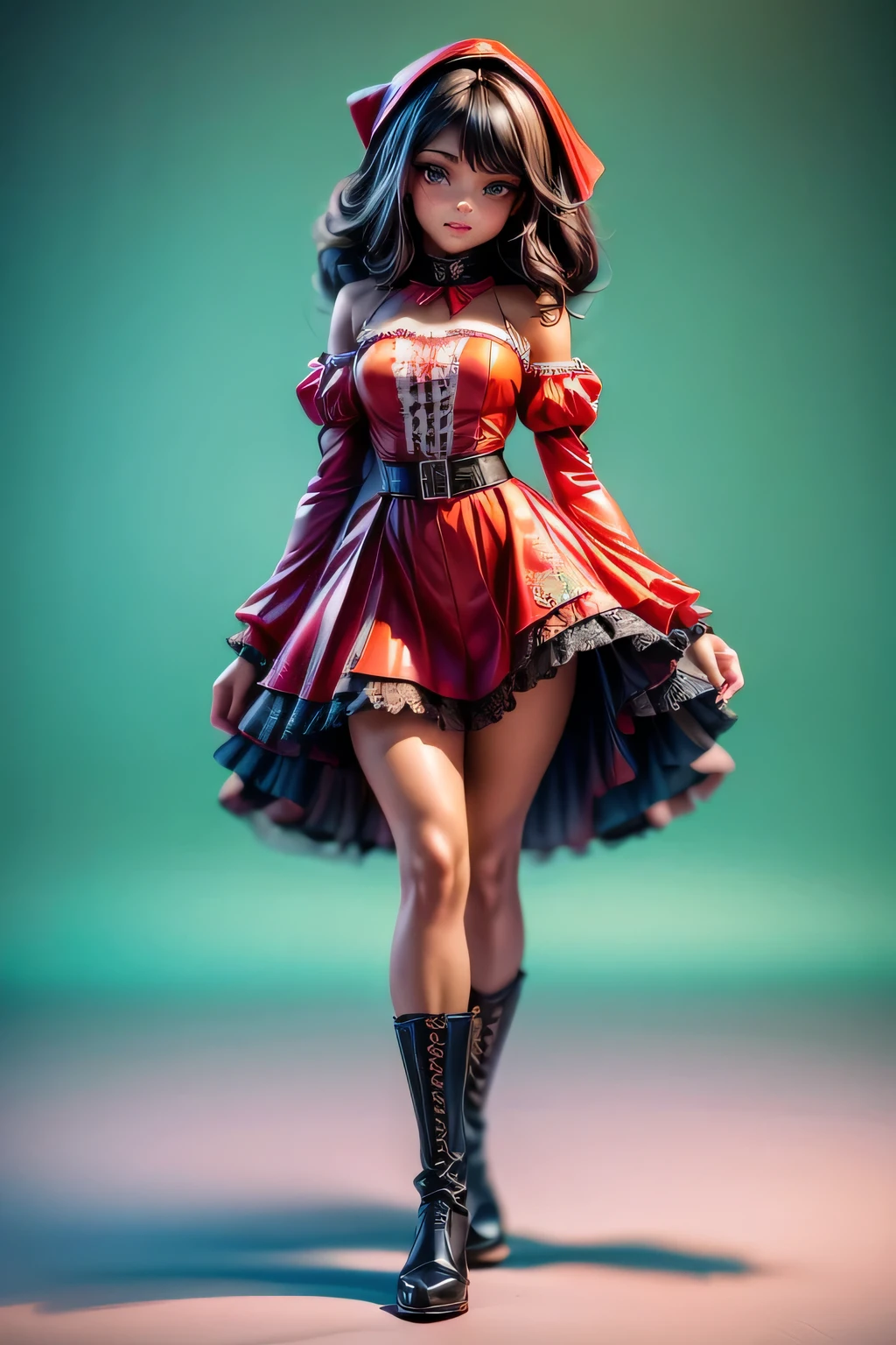 ((Best Quality)), ((Masterpiece)), (Detailed: 1.4), (Absurd), Depiction of Little Red Riding Hood with a charming and whimsical touch. She has a youthful and innocent appearance, with fair skin and rosy cheeks. Her long, dark hair cascades down her back in soft waves, paired with She is wearing a classic red, knee-length dress with puffed sleeves and a white lace trim around the collar. The dress is adorned with delicate floral patterns and is cinched at the waist with a simple black belt. Her cape is a rich, vibrant red, lined with white fur on the hood and hem, adding a touch of On her feet, she wears small brown leather shoes or boots, practice, by mucha, niji --V5, almost real, sexy pose, fractal background, pastel, centered, scale to fit dimensions, HDR (High Dynamic Range), Ray Tracing, NVIDIA RTX, Super Resolution, Unreal 5, Subsurface Scattering, PBR Texture, Post-processing, anisotropic filtering, depth of field, maximum clarity and sharpness, multi-layer textures, albedo and specular maps, surface shading, accurate simulation of light-material interaction, perfect proportions, octane rendering, two-tone lighting, wide aperture, low ISO, white balance, rule of thirds, 8K RAW, Crysisnanosuit