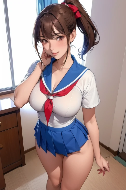 masterpiece、High resolution、high resolution、4K、8k、(((Spread your legs and show your buttocks、Big Breasts)))、((Shiny underwear)))、Sailor Warrior Uniforms、Beautiful beauty、Brown Hair、((whole body))、(((Photo taken from below)))、School、classroom、Large Breasts、Big Breastini skirt、The color of the pants is black、Japanese、tall、Long limbs、18-year-old、Makoto Kino、A beautiful nose like a model、Put one hand on your hip、Natural smile、Sexy pose、Hairstyle: Ponytail、Beautiful belly button、Sailor Jupiter