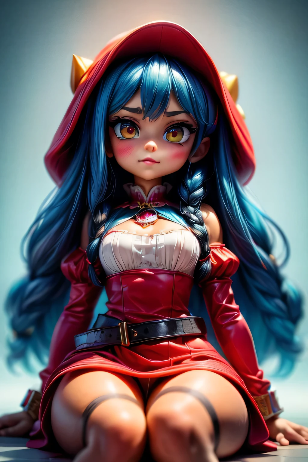 ((Best Quality)), ((Masterpiece)), (Detailed: 1.4), (Absurd), Depiction of Little Red Riding Hood with a charming and whimsical touch. She has a youthful and innocent appearance, with fair skin and rosy cheeks. Her long, dark hair cascades down her back in soft waves, paired with She is wearing a classic red, knee-length dress with puffed sleeves and a white lace trim around the collar. The dress is adorned with delicate floral patterns and is cinched at the waist with a simple black belt. Her cape is a rich, vibrant red, lined with white fur on the hood and hem, adding a touch of On her feet, she wears small brown leather shoes or boots, practice, by mucha, niji --V5, almost real, sexy pose, fractal background, pastel, centered, scale to fit dimensions, HDR (High Dynamic Range), Ray Tracing, NVIDIA RTX, Super Resolution, Unreal 5, Subsurface Scattering, PBR Texture, Post-processing, anisotropic filtering, depth of field, maximum clarity and sharpness, multi-layer textures, albedo and specular maps, surface shading, accurate simulation of light-material interaction, perfect proportions, octane rendering, two-tone lighting, wide aperture, low ISO, white balance, rule of thirds, 8K RAW, Crysisnanosuit