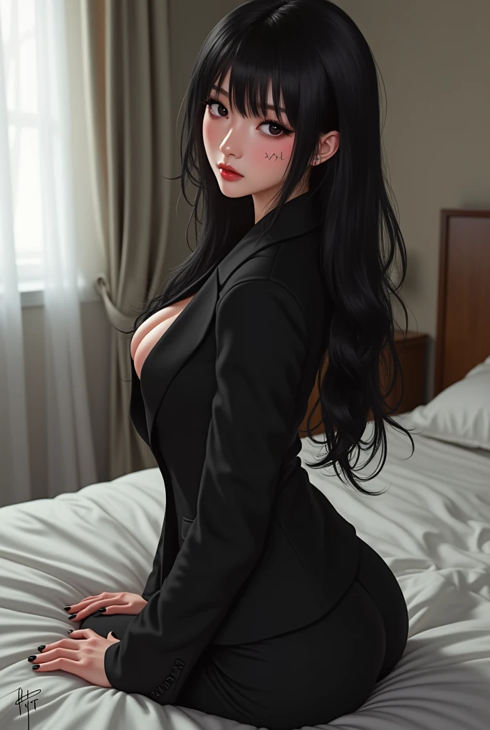 Long hair woman, Collar,Showing breasts,bust,Black suit,Superbly detailed eyes,Slobber,Black Hair,,Bare chest,Open coat,Full body portrait,Lying in bed,White skin,Soft Lighting,night,Round Face