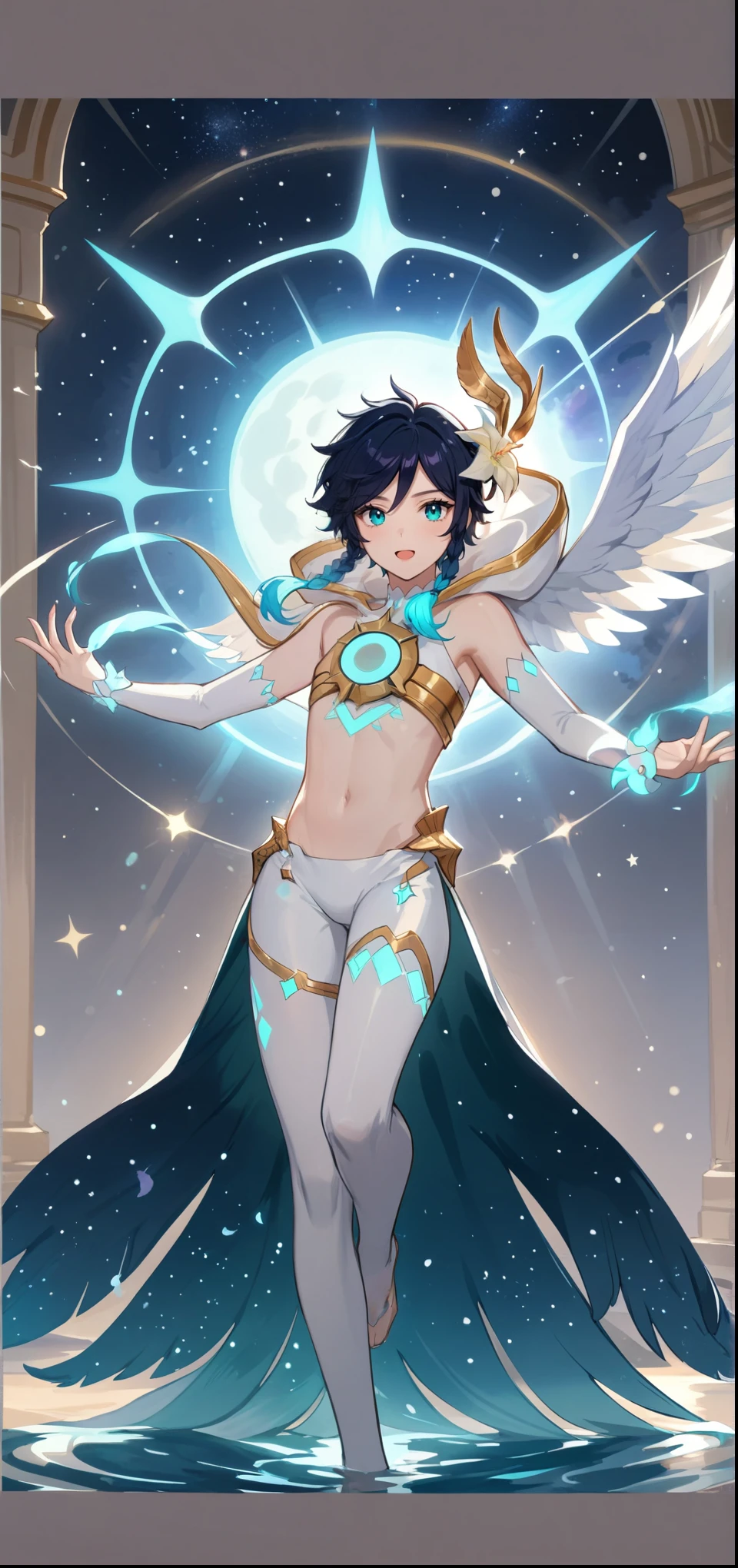 masterpiece,best quality,very aesthetic,absurdres,1boy,venti_/(archon/)_/(genshin_impact/),male_focus,detailed_eyes,(gnns:0.25),white feathered_wings,white halter crop top,white shorts,hair_flower,midriff,black blue hair gradient,dsmile,((flat chest)),slender,small waist,starry_sky,moon,starry_sky_print,((bluegreen eyes)),slender,feathers,divine,detailed_eyes,long_eyelashes,pink_lips,glossy lips,narrow_waist,wide_hips,bare stomach,seductive,flirtatious,iridescent volumetric light, god rays, heavenly,cosmic,celestial,perfect elegant hands,(realistic:0.25),Monet, pixiv fantasia 