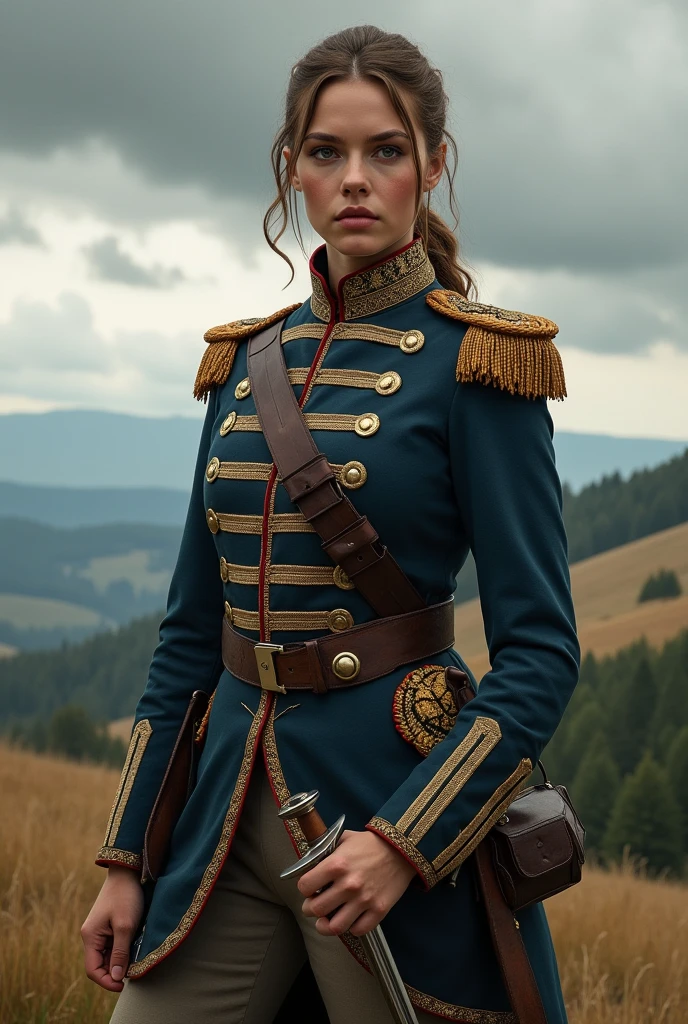 photorealistic, best quality, masterpiece, raw photo of upper body photo, Swordsman woman, soldier of the austro-hungarian empire clothes, double breasted jacket with stripes, extremely detailed eyes and face, long legs, highest quality, skin texture, intricate details, (cinematic lighting), RAW photo, 8k