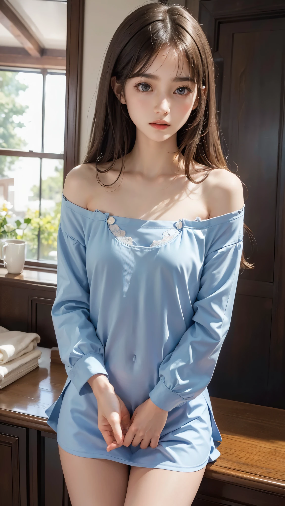 アイドルのようにvery cute、Cute and adorable、Young faceに見える20歳の少女, Young face、very cute、Smiling Kindly、Wearing pajamas、The front of the pajamas is open, exposing your underwear、、Resting on the sofa、whole body像、whole body、 Natural light、Accurate、Anatomically correct、Textured skin、Super Detail、 Attention to detail、highest quality、High resolution、Real、realism、Raw photo、Genuine、masterpiece