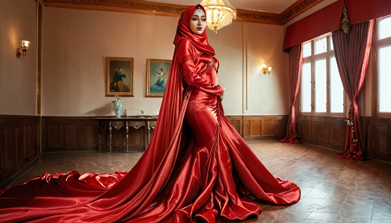 A woman shrouded in a 8-meter-long, plush red satin cloth, tightly bound and grandly draping along the form of her body, flowing off into a pooled floor-length train, styled in a mermaid-inspired outfit with very long train outfit, her head modestly veiled in a satin hijab, tall woman, on stage, sing in front of a microphone stand, a full-body pose conveying a sense of mysterious elegance, captured in a 4k resolution, ultra-realistic