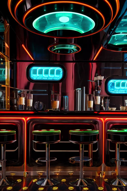 Futuristic alien coffee shop, highly detailed coffee cups, highly detailed, cinematic lighting, neon lights, holographic displays, robots serving customers, floating tables and chairs, vibrant colors, chrome and glass materials, sci-fi architecture, highly technical, stunning details, ultra-realistic, 8k, best quality