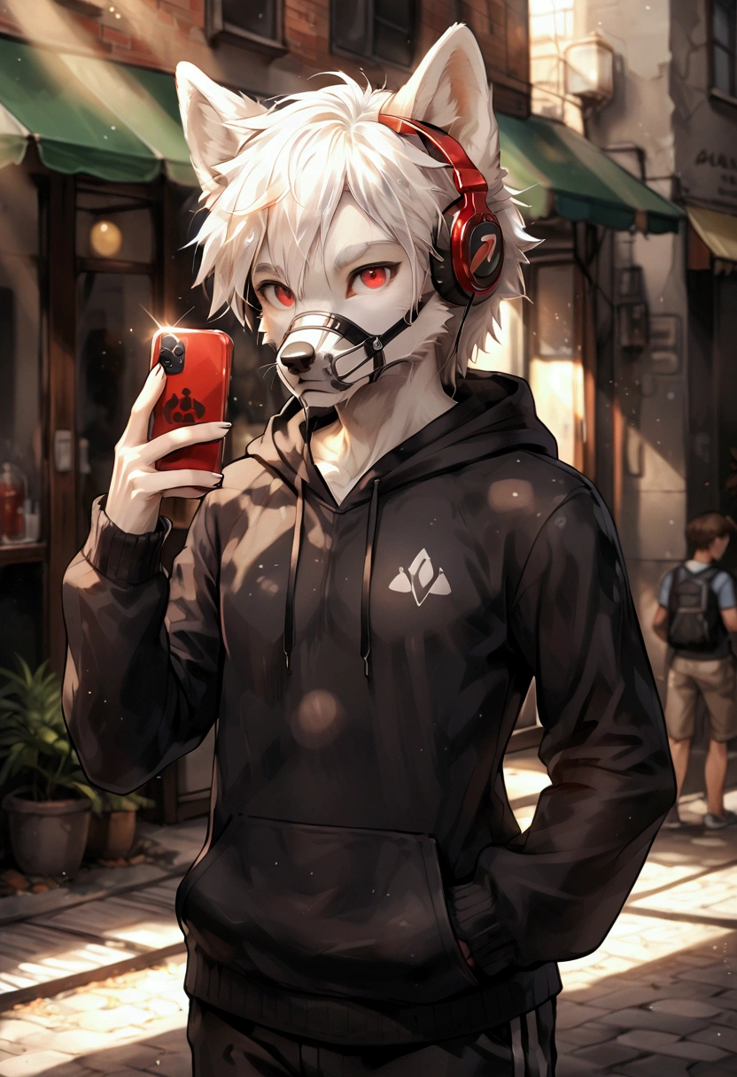 furry, masterpiece, high quality, absurd resolution, digital painting \(artwork\),soft lighting, solo, (humanoid male wolf), (white body), short hair white, soft, muzzled, sunlight, side view, panoramic, looking at viewer, focus on character. (detailed backgrounds, amazing backgrounds), outdoors, landscapes, light particles
furry, wolf, male,
Wolf boy, Adorable, red eyes, wearing muzzle, Fluffy white fur, white hair, slim, Skinny, black hoodie, wearing headphones, holding smartphone