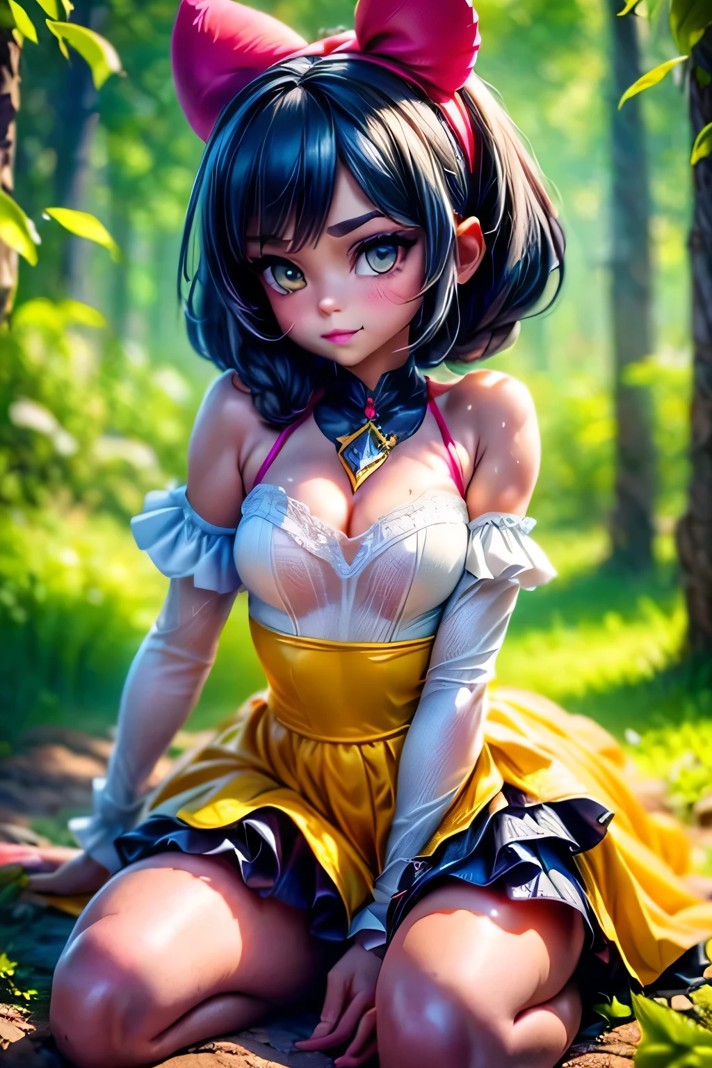 ((Best Quality)), ((Masterpiece)), (Detailed: 1.4), (Absurd), Depiction of Snow White, the beloved Disney princess, in a classic, elegant pose. She has a youthful, charming appearance, with fair skin and a warm, inviting smile. Her hair is short, black, and styled in a classic bob with a red ribbon headband, adding a touch of Snow White is wearing her iconic outfit: a vibrant yellow skirt that falls gracefully to her ankles, paired with a fitted blue bodice with red accents. The bodice features puffy yellow sleeves with a ruffled white collar that frames her neck. The red sash at the waist cinches her dress, emphasizing her classic fairy tale She wears simple black shoes with a small heel, appropriate for her adventures. Snow White's posture is gentle and graceful, and she holds a small red apple in one hand, a nod to the classic tale. The background features a serene forest setting with colorful flowers and lush greenery, evoking a sense of magical tranquility and time, by mucha, niji --V5, near-real, sexy pose, fractal background, pastel, centered, scale to fit dimensions, HDR (High Dynamic Range), Ray Tracing, NVIDIA RTX, Super Resolution, Unreal 5, Subsurface Scattering, PBR Texture, Post-processing, anisotropic filtering, depth of field, maximum clarity and sharpness, multi-layer textures, albedo and specular maps, surface shading, accurate simulation of light-material interaction, perfect aspect ratio, octane rendering, two-tone lighting, wide aperture, low ISO, white balance, rule of thirds, 8K RAW, Crysisnanosuit