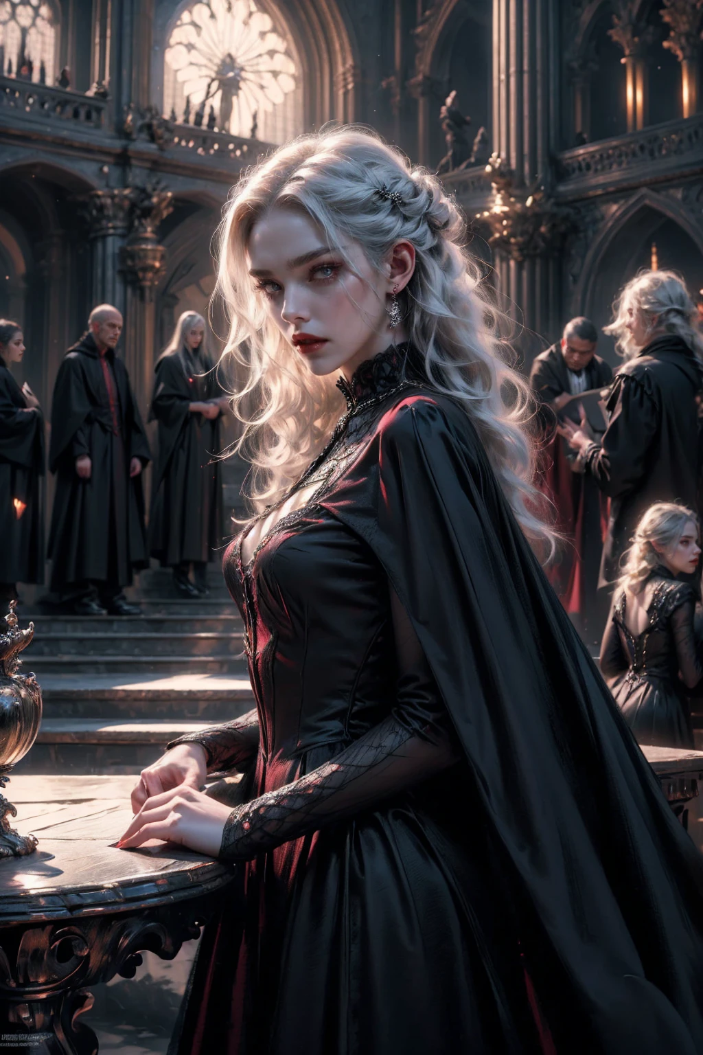 (beautiful vampire woman, pale skin, very long white hair, (red eyes), black gown, black victorian dress, piercing look, red lipstick,  moonlight, 4k, 8k, highres, masterpiece:1.2, ultra-detailed, realistic, photorealistic:1.37, HDR, UHD, studio lighting, ultra-fine painting, sharp focus, physically-based rendering, extreme detail description, professional, vivid colors, bokeh, portraits)