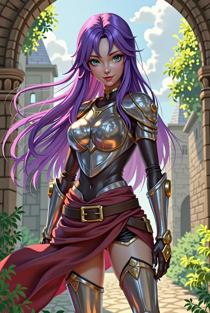Fury, large purple hair, lips, no pupils, white eyes, forehead mark, close up, smile, midriff, cleavage, shoulder armor, breastplate, gauntlets, large trees, street, morning, destroyed london city in medieval age, (insanely detailed, beautiful detailed face, masterpiece, beautiful detailed eyes, best quality) full body, boots, standing