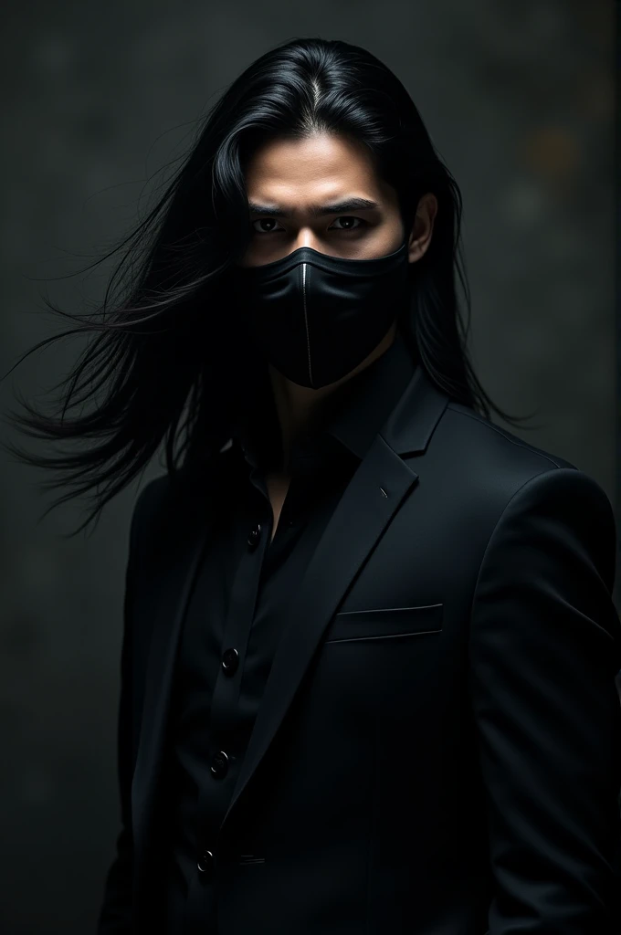 Anime man wearing a black suit sitting on a chair wearing a siberian dog mask