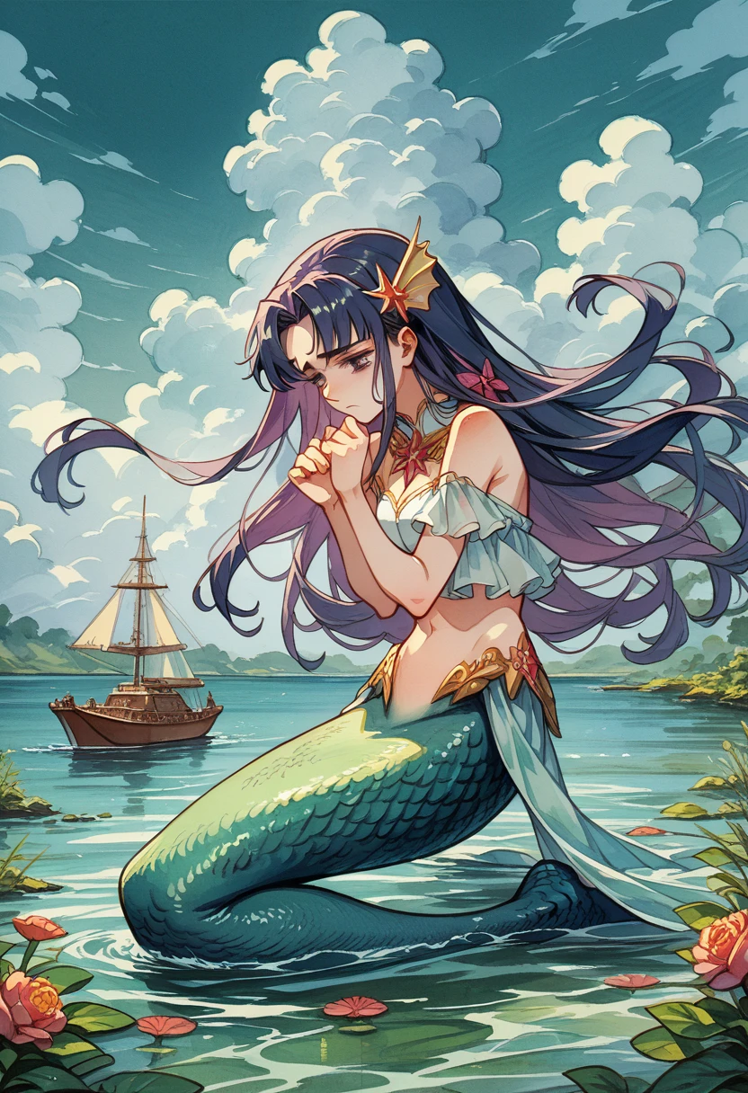 a mermaid ,sad expressive , very long hair lagoon color ,armed with a bow, in the center of a lake, twilight god ray in the clouds in background, detail richness, masterpiece, best quality , watercolor painting, Major Arcana Tarot Card style