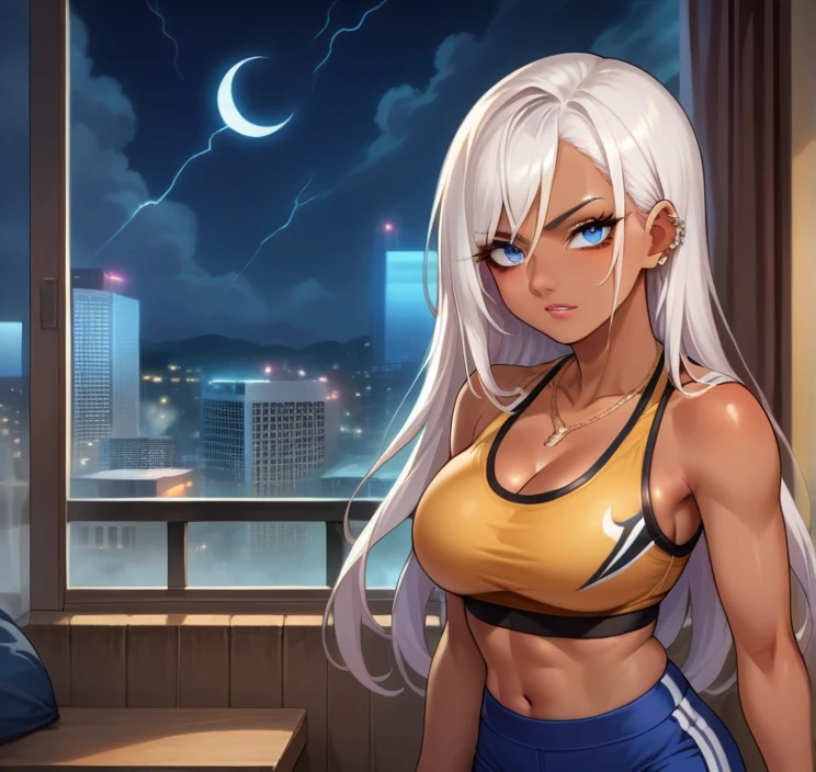 score_9, score_8_up,score_7_up, source_anime, 1girl, solo, Storm(X-Man)
, blue eyes,white hair, very long hair, dark skin, dark-skinned female,medium breasts, necklace, ear piercing, sports bra,shorts,bedroom, at a dark room, at night , city view from the window, gyaru,