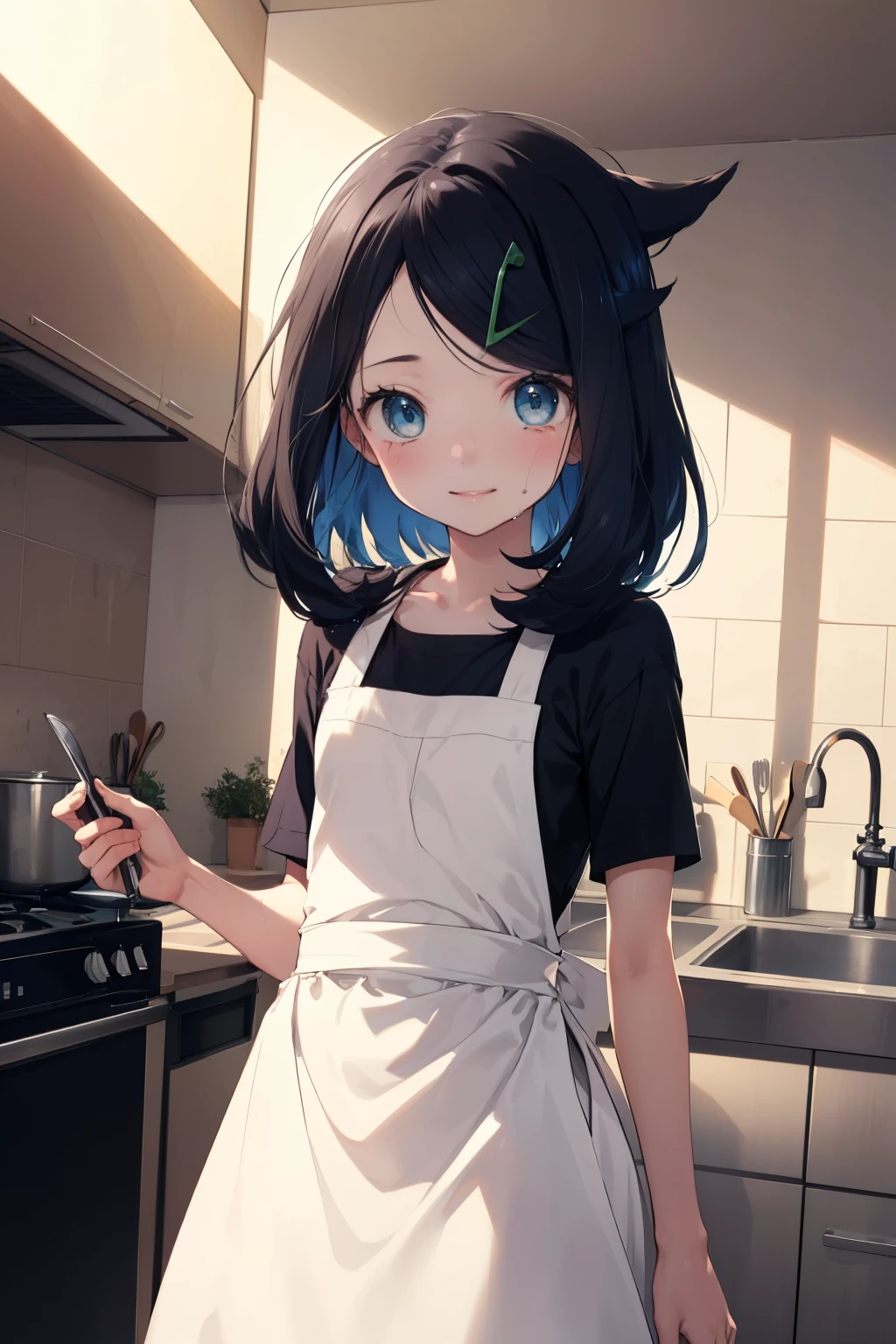 adult apron, Newly Married, Love love, (masterpiece, Highest quality, 8K ultra-high resolution:1.4), ****, kawaii Pokemon RikoFlash photography, Backlight, (The best smile:1.4), Knife, Written boundary depth, Dramatic portrayal, (Kitchen Background), Focus of the film, , Emotional composition, Emotional engine full throttle BREAK Young and cute, Slender body, Flat Chest, Highly detailed glossy skin,Sweat,  Perfect Pokemon Riko,
ultra detailed crystal eyes, Eyes like shining jewels