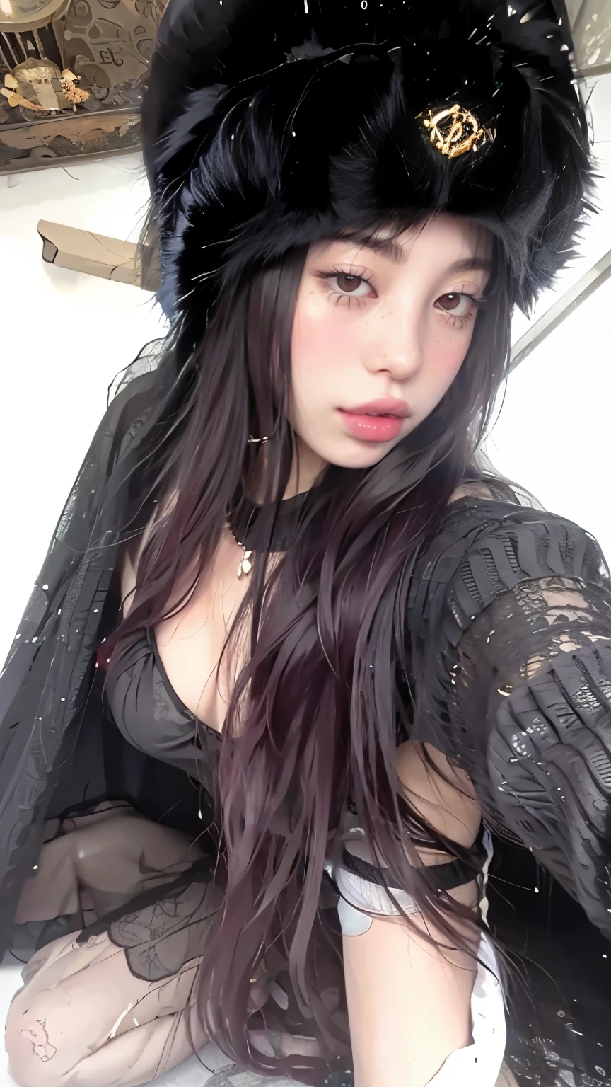 arafed asian woman Con cabello largo wearing a black hat, ulzzang, sakimichan, hermosa joven coreana, ilya kuvshinov Con cabello largo, muchacha coreana, asian girl Con cabello largo, Con cabello largo, hermosa mujer surcoreana, hermosa chica asiática, Hermosa joven coreana, Heonhwa Choe, cruel chica gótica coreana, Físico : el abdomen más pequeño jamás visto, jisoo from blackpink, popular south korean makeup, quality detailed ,(beautiful makeup :1.2), Wide hips, big, big ass, (best quality, 8K, masterpiece: 1.3), Clear focus: 1.2, Perfect body beauty: 1.4, strong abs, Very detailed face and skin texture. , detailed eyes, double eyelids, (long hair), having very marked curves, with greater volume in ((hips and breasts)), which makes the waist look much smaller ((wasp waist))