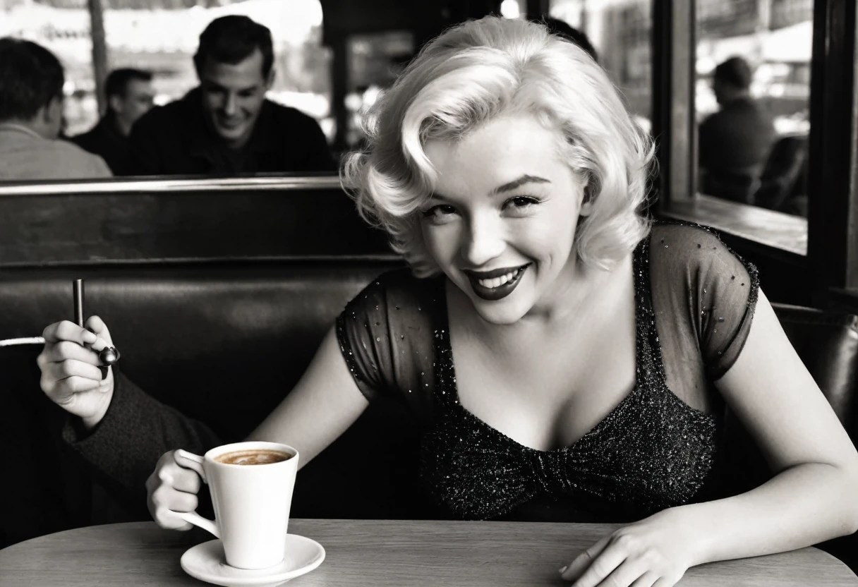 A hyperrealistic image of Marylin MONROE having a coffee outside her ranch