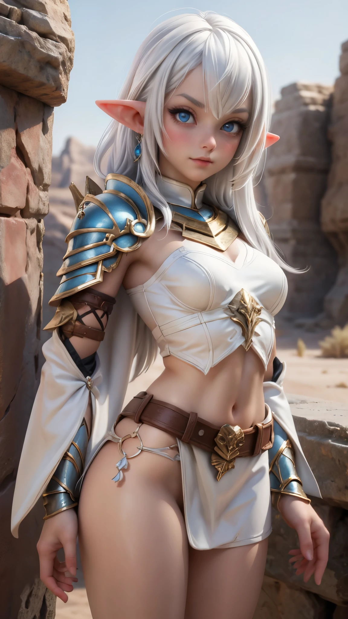 Ariel, upper body portrait, elf, white hair, beautiful, cute skimpy fantasy armor, warrior, midriff, fit, white hair, cowboy shot, desert background, realistic fantasy ,concept art