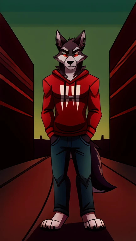 (masterpiece, best quality:1.2), Vortex male hellhound, black fur, wolves, furry, helluva boss, sad face, wearing blue jeans and white t-shirt with red sweatshirt, standing in front of a street waiting, full body image, hell streets green sky background