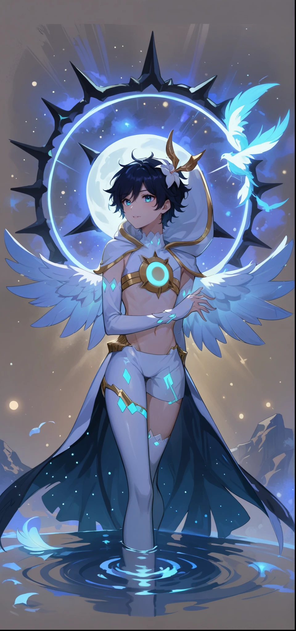 masterpiece,best quality,very aesthetic,absurdres,1boy,venti_/(archon/)_/(genshin_impact/),male_focus,detailed_eyes,(gnns:0.25),white feathered_wings,black halter crop top,black shorts,hair_flower,midriff,black blue hair gradient,dsmile,((flat chest)),slender,small waist,starry_sky,moon,starry_sky_print,((bluegreen eyes)),slender,feathers,divine,detailed_eyes,long_eyelashes,pink_lips,glossy lips,narrow_waist,wide_hips,bare stomach,seductive,flirtatious,iridescent volumetric light, god rays, heavenly,cosmic,celestial,perfect elegant hands,(realistic:0.25),Monet, pixiv fantasia,coy,reaper,Apocalypse, 