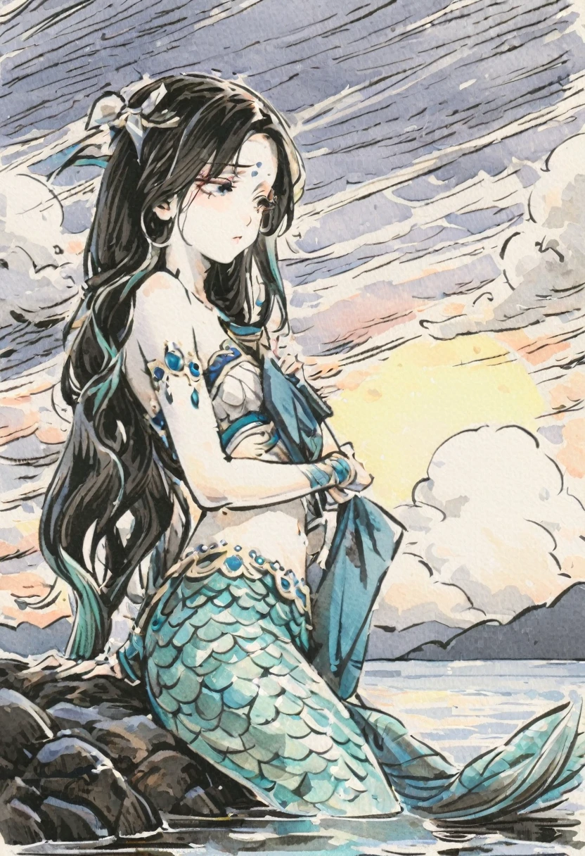 a mermaid ,sad expressive , very long hair lagoon color ,armed with a bow, in the center of a lake, twilight god ray in the clouds in background, detail richness, masterpiece, best quality , watercolor painting, Major Arcana Tarot Card style