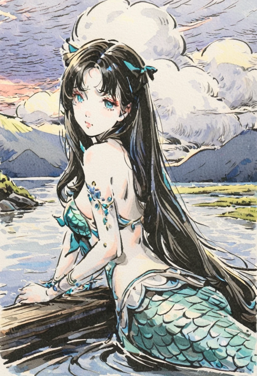 a mermaid ,sad expressive , very long hair lagoon color ,armed with a bow, in the center of a lake, twilight god ray in the clouds in background, detail richness, masterpiece, best quality , watercolor painting, Major Arcana Tarot Card style