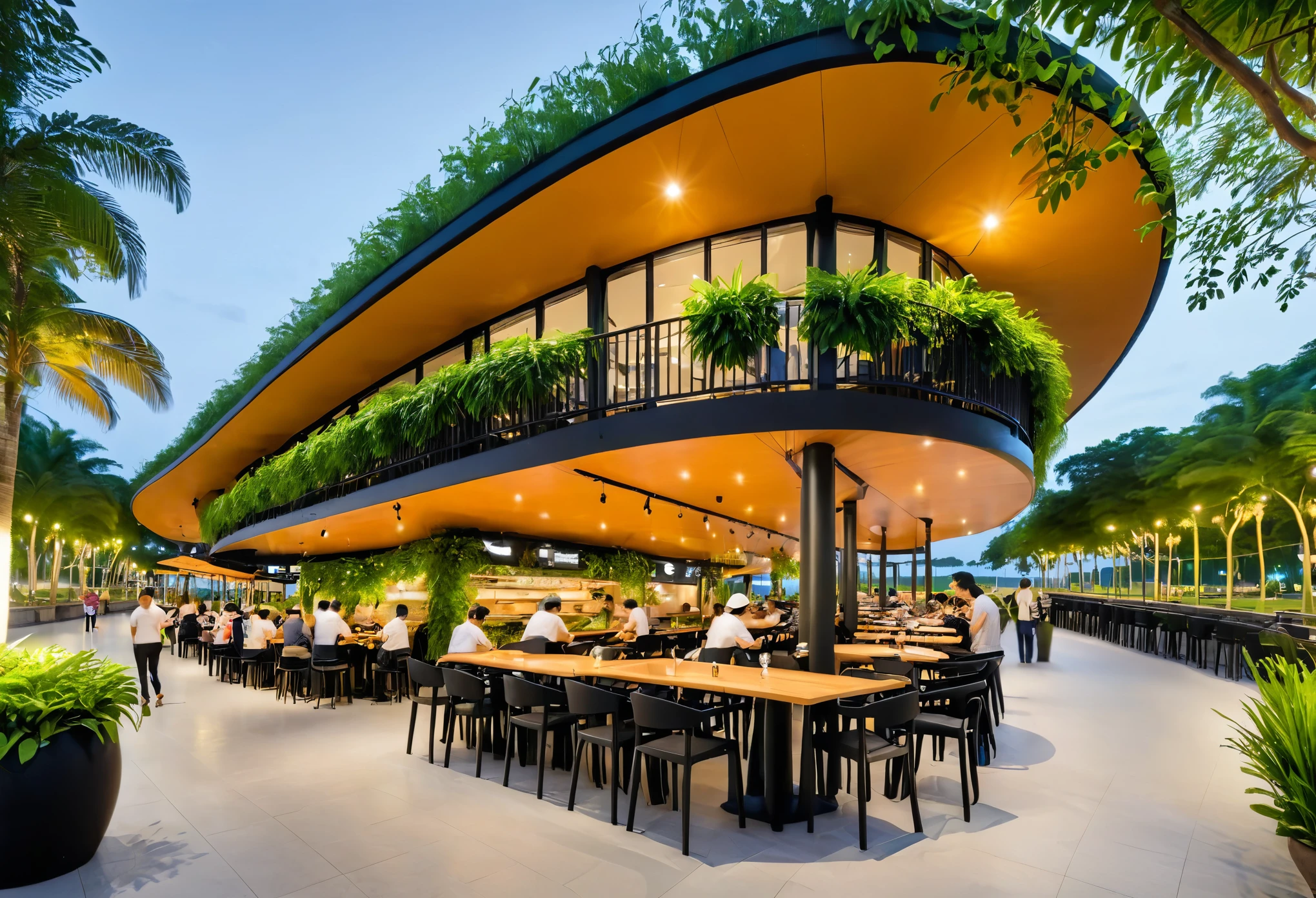 A night architectural photo from the outside of 'Street Food Sai Gon' a park area next to the HCMC river, a wide and airy walkway combined with an outdoor dining area, the back shows 1 t-storey kiosks with tropical structures combined with tropical greenery as the facade of the food kiosks with glowing LED signs, Tadao Ando, a large outdoor seating area with round tables, black stools with orange chairs and lush green plants in black pots along the walkway. Overlooking the Saigon river is a spacious outdoor cafe courtyard
