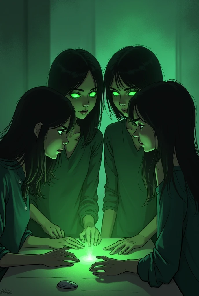Students playing spin the bottle in the dark with sinister smiles