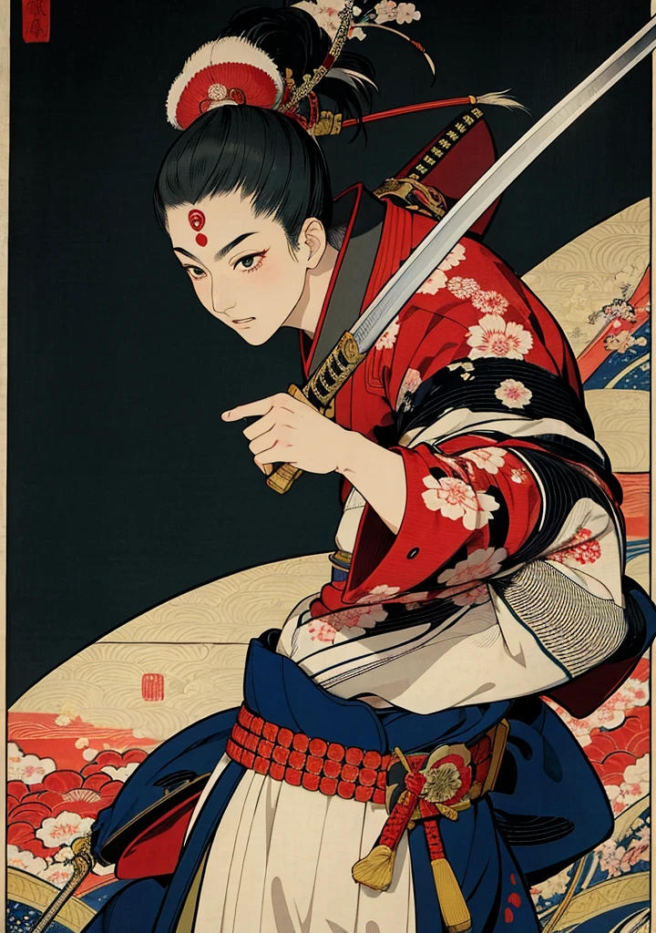 (masseter membrane、top quality、Ukiyo-e style、japanese samurai with katana、official art)、(1 japanese samurai:1.3)、(Fractal art:1.3)、full body shooting、(samurai holding katana sword:1.2)、Set against the backdrop of traditional Japanese performing arts、rich and colorful、(reel、Belongs to Japanese style:1.2)