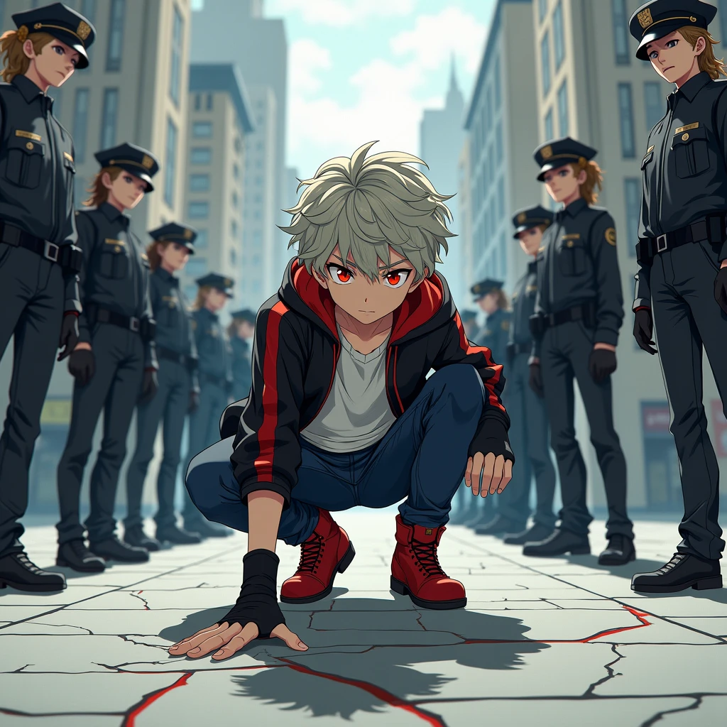 Make a boy with white hair and red eyes, all bruised, chained and dragged by two men on the street.
anime styling