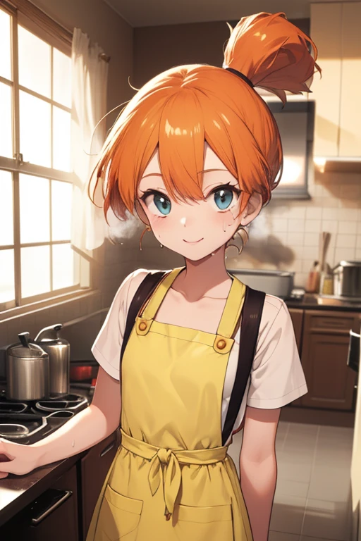 misty, adult apron, Newly Married, Love love, (masterpiece, Highest quality, 8K ultra-high resolution:1.4), 14yo, kawaii Pokemon misty, Flash photography, Backlight, (The best smile:1.4), Written boundary depth, Dramatic portrayal, (Kitchen Background), Focus of the film, , Emotional composition, Emotional engine full throttle BREAK Young and cute, Slender body, Flat Chest, Highly detailed glossy skin,Sweat,  Perfect Pokemon misty,Orange Hair, 
ultra detailed crystal eyes, Eyes like shining jewels