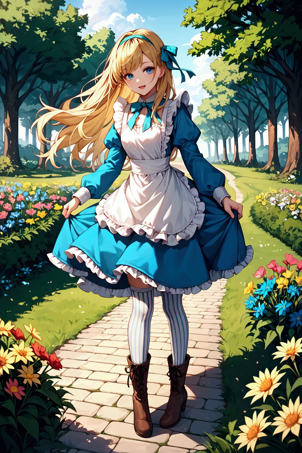 score_9, score_8_up, score_7_up, (masterpiece:1.2), (best quality:1.2), 1girl, solo, blonde hair, long hair, bangs, blue eyes, smile, faint lips, open mouth, alice in wonderland, aqua dress, frilled dress, apron dress, aqua ribbon, long sleeves, frilled sleeves, aqua head ribbon, frilled skirt, white thighhighs, vertical-striped thighhighs, leg ribbon, brown boots, high heel boots, frilled boots, outdoors, flower, many flowers