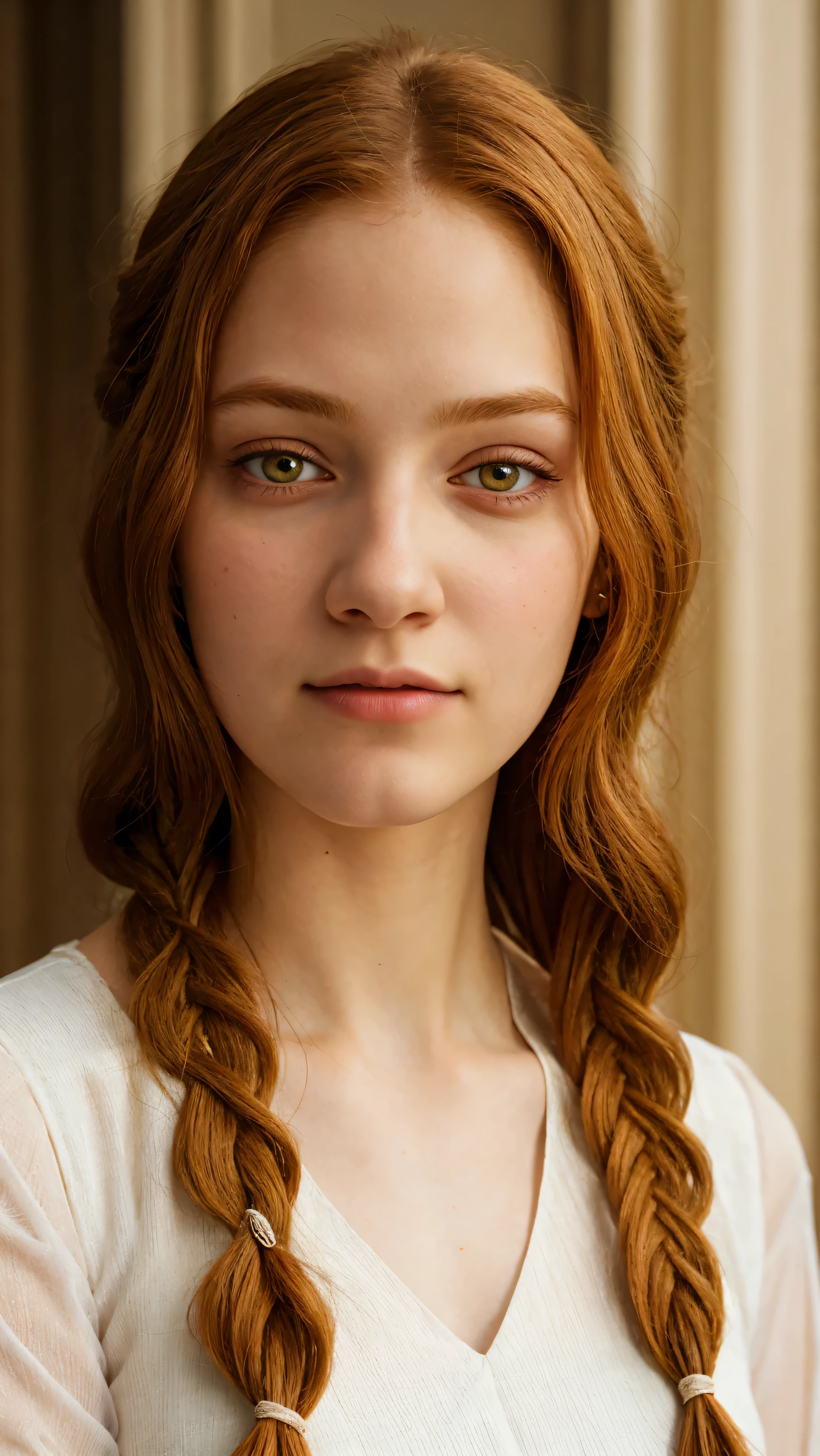 1girl, 18yo, formal clothes, fanciful braided ginger hair, detailed face, beautiful eyes, detailed nose and lips, long eyelashes, big breast, realistic skin, shy, blushing ,serene expression, elegant posture, intricate floral dress, mid-shot, dramatic lighting, warm color palette, photorealistic, 8k, ultra-detailed, masterpiece,  full body, loonking at viewers, off soldier, half breast visible,