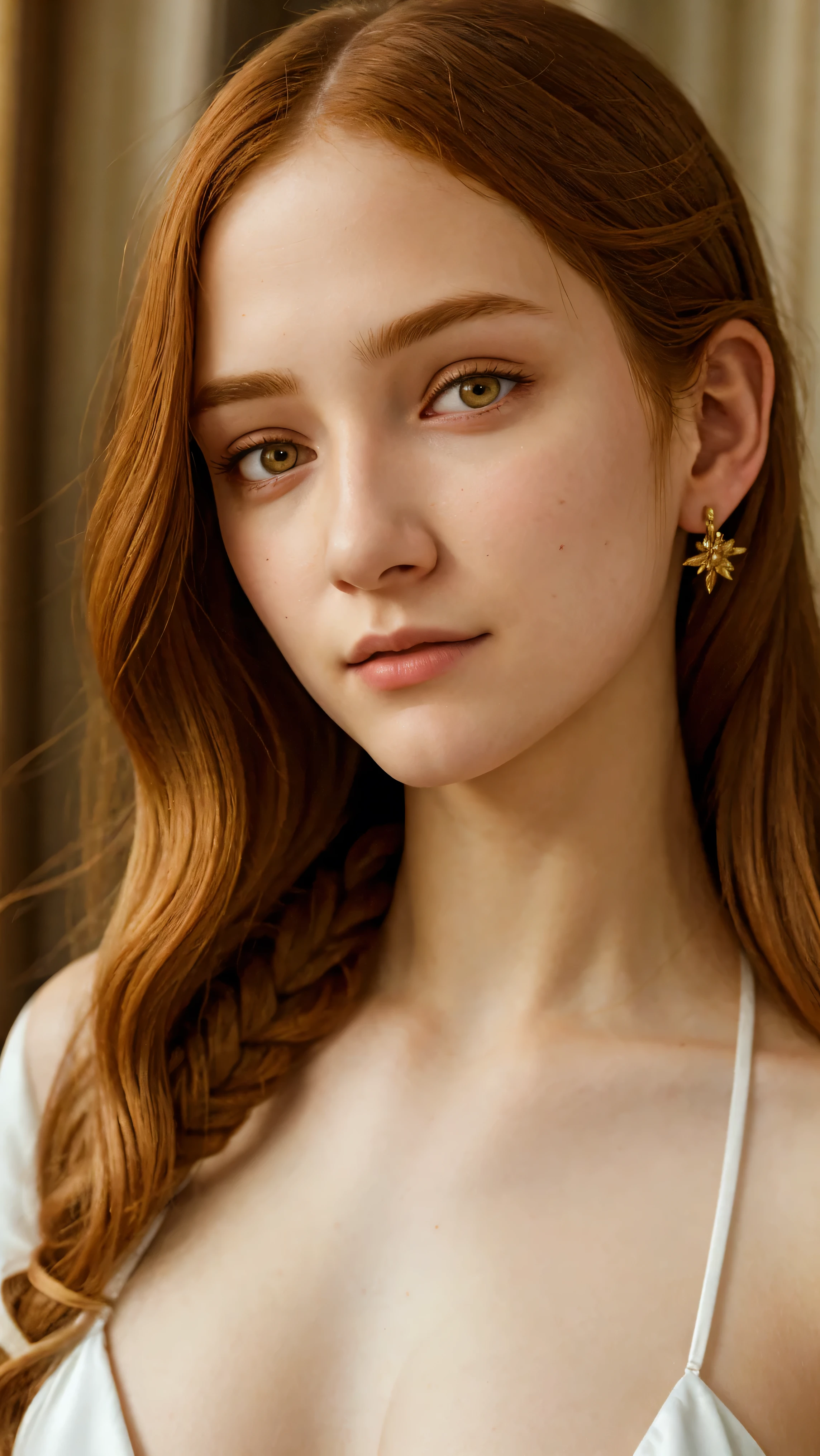 1girl, 18yo, formal clothes, fanciful braided ginger hair, detailed face, beautiful eyes, detailed nose and lips, long eyelashes, big breast, realistic skin, shy, blushing ,serene expression, elegant posture, intricate floral dress, mid-shot, dramatic lighting, warm color palette, photorealistic, 8k, ultra-detailed, masterpiece,  full body, loonking at viewers, off soldier, half breast visible,