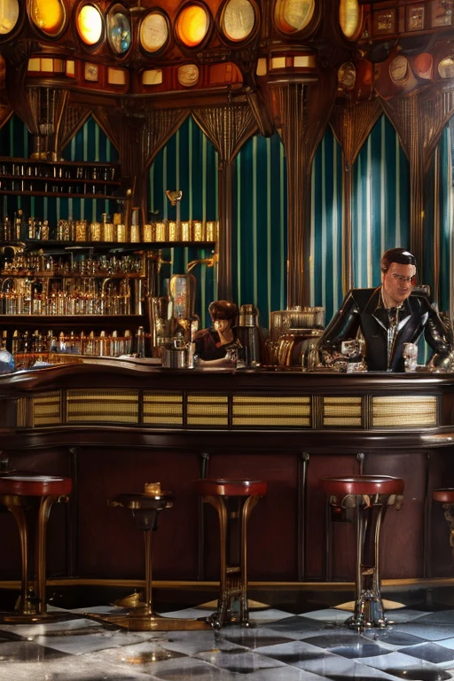 Retrofuturistic Bioshock Infinite coffee shop, highly detailed coffee cups, highly detailed, cinematic lighting, 1900's aesthetic, people drinking coffee and donuts, patriotism, vibrant colors, brass and glass materials, art nouveau architecture, highly technical, stunning details, ultra-realistic, 8k, best quality