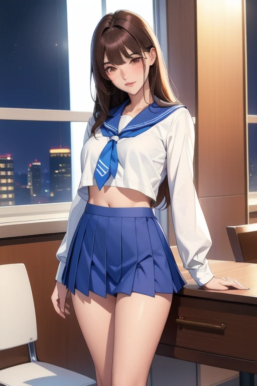 1girl,((Smooth, long brown hair fluttering in the wind,Green Eyes)),((masterpiece,Very realistic,A detailed anime wallpaper:1.4)),((Perfect Anatomy:1.2)),Cute symmetrical face,CG Unity 8k,((White Blazer Uniform,Black tie,pleated micro mini skirt,White thigh-high socks)),8K quality,Extremely sophisticated digital art,((hand in panties,masterbation:1.25)),Perfect cute girl,Staring shyly at the camera,A soothing smile,Very large breasts,Extremely detailed hair and face,Artistic pastel art,A pier with a beautiful night view of the big city and a starry sky,Professional Lighting,Supermodel,((Light blue lace side tie panties:1.15)),((Pussy juice:1.18))