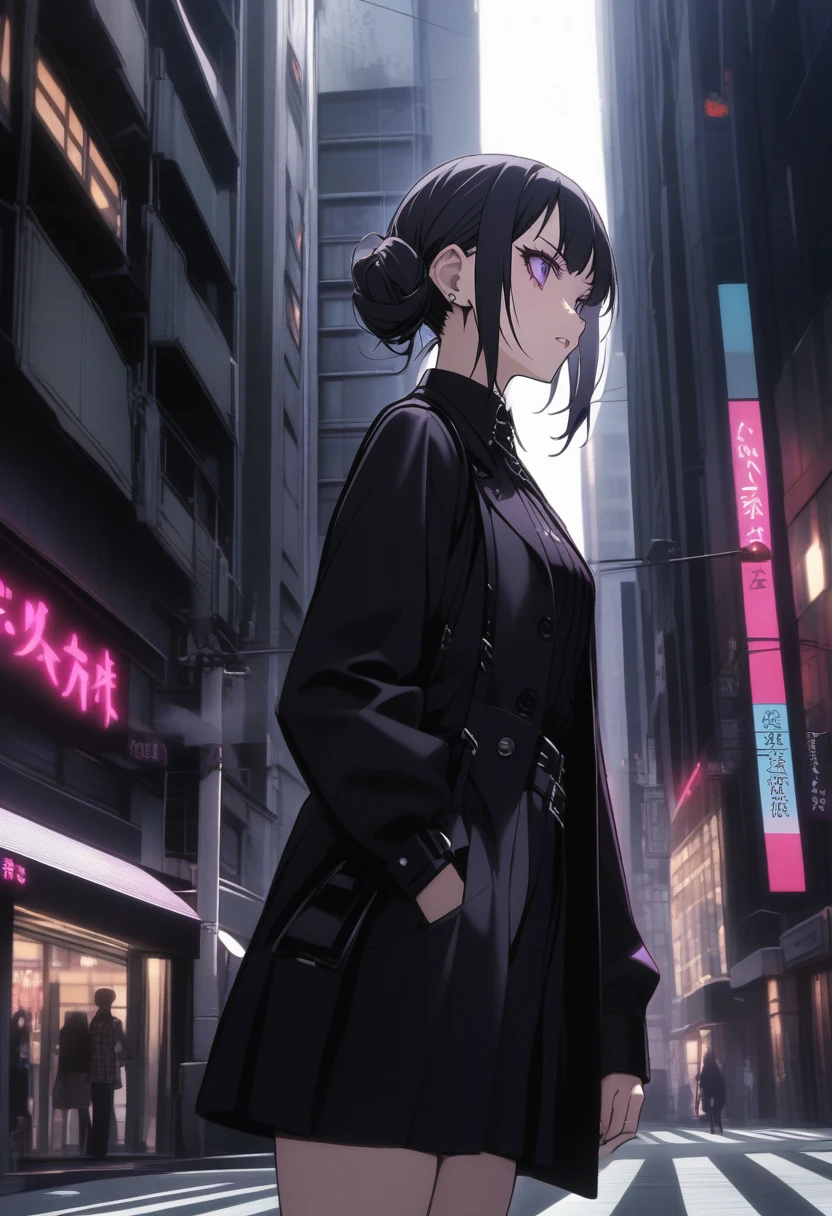 night time, Colorful cyberpunk city background, Sateen, Street, Teenage girl in a comfortable sweater, loli, black stockings, back light, looking at the audience, Low-angle lens, Upward-pointing lens, Perfect composition, Perfect light and shadow are gentle, 8K