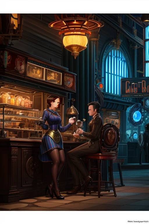 Retrofuturistic Bioshock Infinite coffee shop, highly detailed coffee cups, highly detailed, cinematic lighting, 1900's aesthetic, people drinking coffee and donuts, patriotism, vibrant colors, brass and glass materials, art nouveau architecture, highly technical, stunning details, ultra-realistic, 8k, best quality