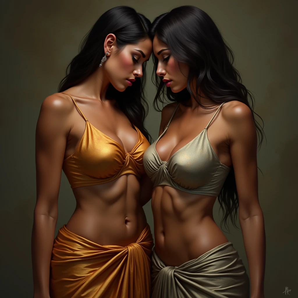 2 naked woman kissing side by side, at the same height, (a brunette, tanned) (a blonde), small, sweaty breasts, masterpiece, best quality, amazing shadows, detailed background, side shot