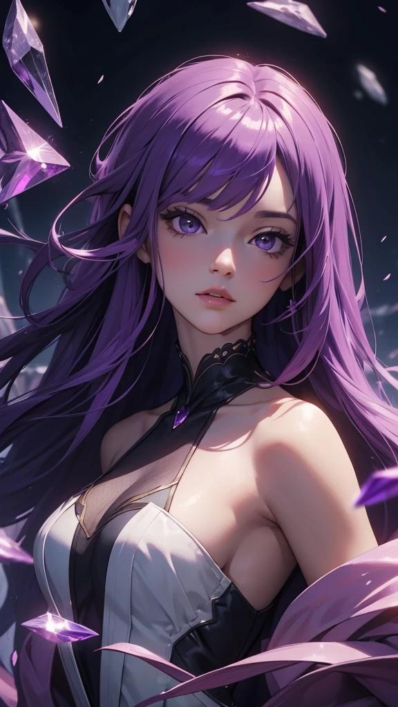 extremely detailed, best quality, highres, masterpiece, 1 girl, galatea, long hair, bangs, purple hair, purple eyes, standing, pale skin, lingerie, small breasts, cyber background, looking at me, front shot, happy, loli