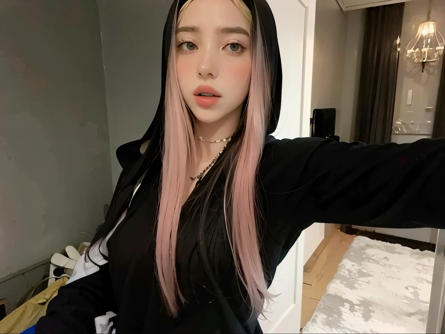(Close-up shot),、18-year-old female、Bright pink hair、With bangs、⦅Loose and fluffy shorthair⦆、 1 Girl、Japanese Girls、Dancewear、Baggy pants、Dance Studio、、beautiful girl、Well-groomed face、Looking at the camera、Slim Abs、cute、