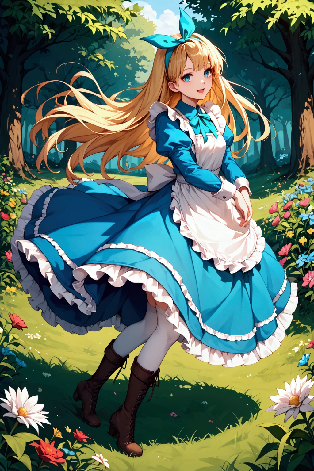 score_9, score_8_up, score_7_up, (masterpiece:1.2), (best quality:1.2), 1girl, solo, blonde hair, long hair, bangs, blue eyes, smile, faint lips, open mouth, alice in wonderland, aqua dress, frilled dress, apron dress, aqua ribbon, long sleeves, frilled sleeves, aqua headband, head ribbon, frilled skirt, white thighhighs, vertical-striped thighhighs, red striped, leg ribbon, brown boots, high heel boots, frilled boots, outdoors, flower, many flowers