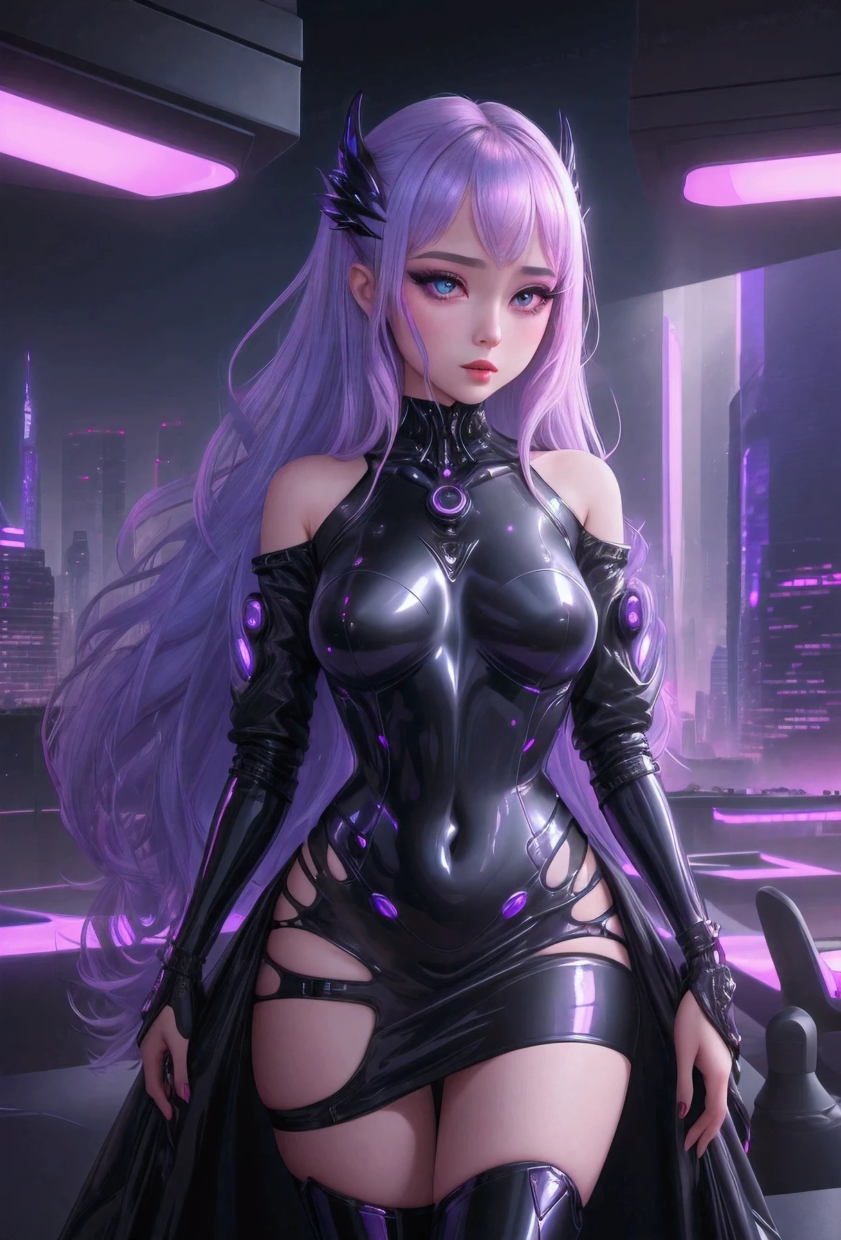 Allalyn in shiny purple cat suit sitting on the floor, latex shiny, wearing atsuko kudo latex outfit, wearing tight suit, smooth purple skin, Purple body, shiny metallic glossy skin, shiny plastic, futuristic glossy latex suit, shiny plastic armor, shiny glossy skin, tight full body suit, Wearing latex, shiny and metallic, Glowing purple, Glossy open one's legs M-shaped legs angry expressions sullenness