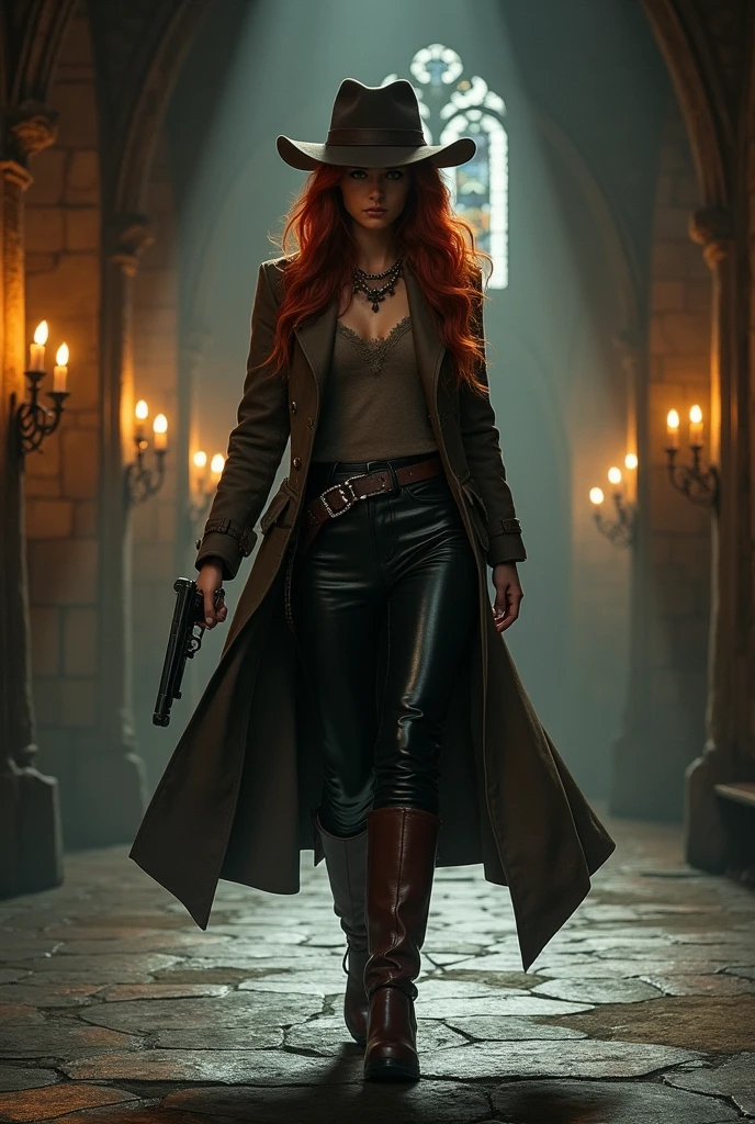 Witch Hat, High Resolution, HD, Long Hair, Red Hair, Earrings, Giantess 67ft tall Emma Watson, Leather Jacket, Leather Skirt, Over the Knee Combat Boots, Heel 3.5 Inches, Glowing Green Aura surrounding her, With Fire, Destroying London in a Fit of Rage,Luaghing manically, Large breasts, 