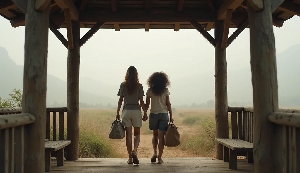 A young indigenous Brazilian woman with a green and yellow skirt crafted with feathers, long straight black hair down to the middle of her back, walking on a road covered in leaves and surrounded by trees, heading towards a lake. As she walks, the young woman looks back with a discreet smile. Accompanying the woman, at her side is a jaguar who, like the woman, also looks back.